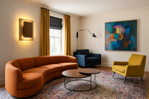 Applique Bouclier par Uphile, en essences contrastées, vue allumée dans un salon contemporain.