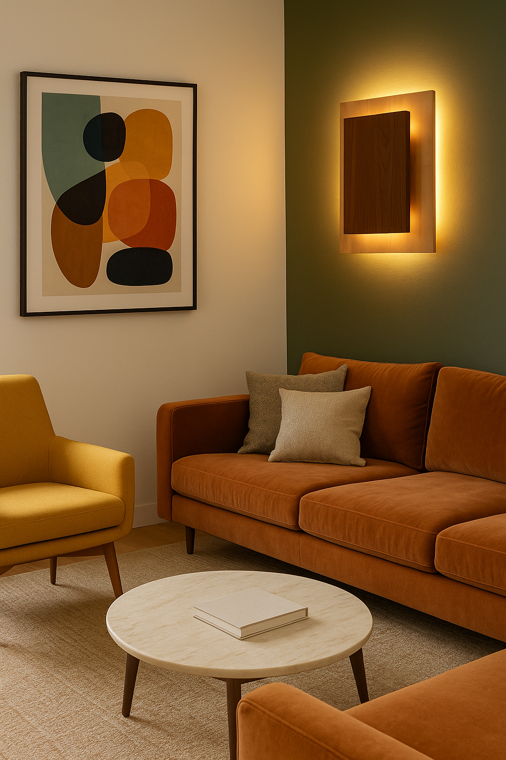 Applique Bouclier par Uphile, en essences contrastées, vue allumée dans un séjour contemporain.
