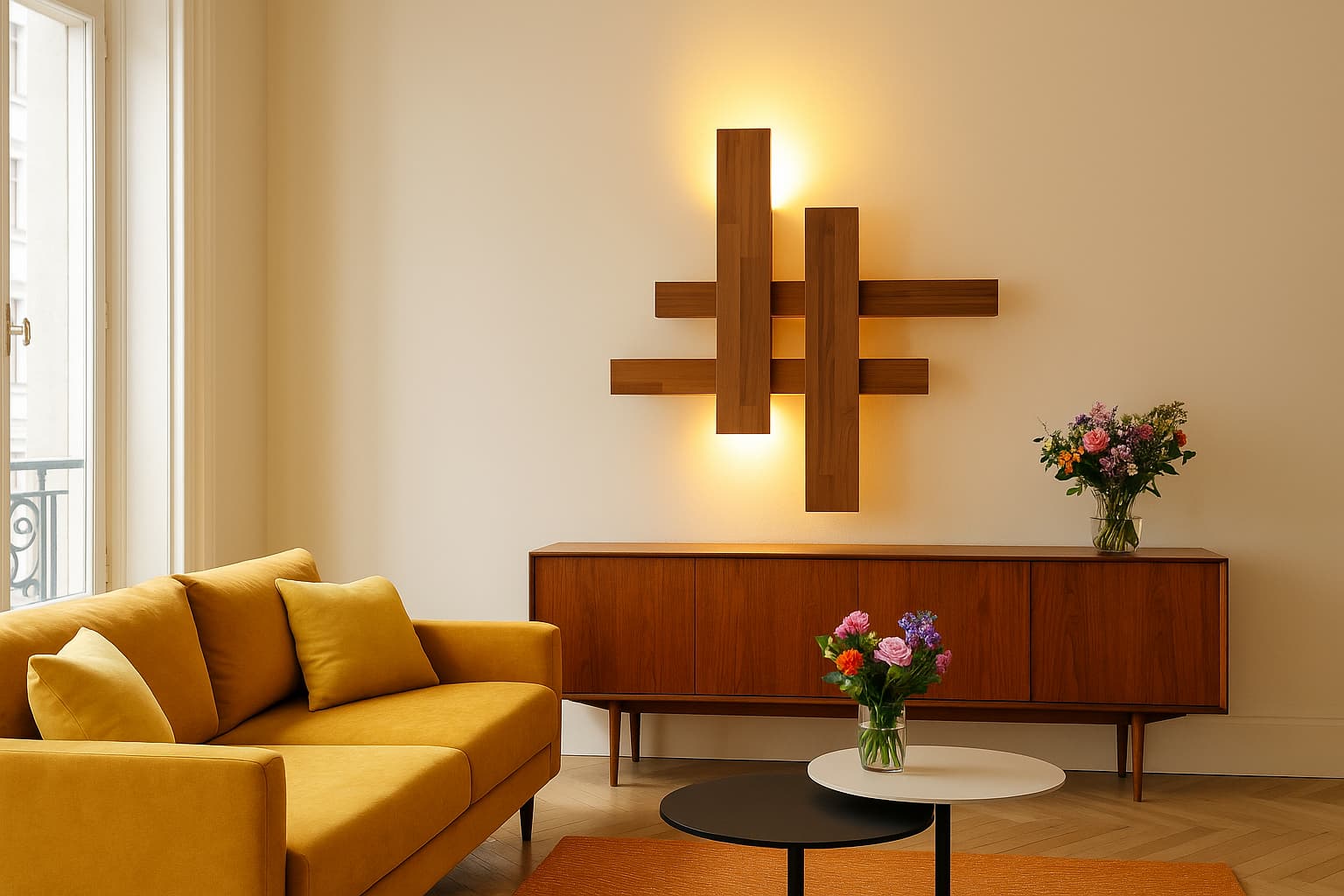 Applique Croisade par Uphile, noyer, vue allumée de face dans un salon jaune