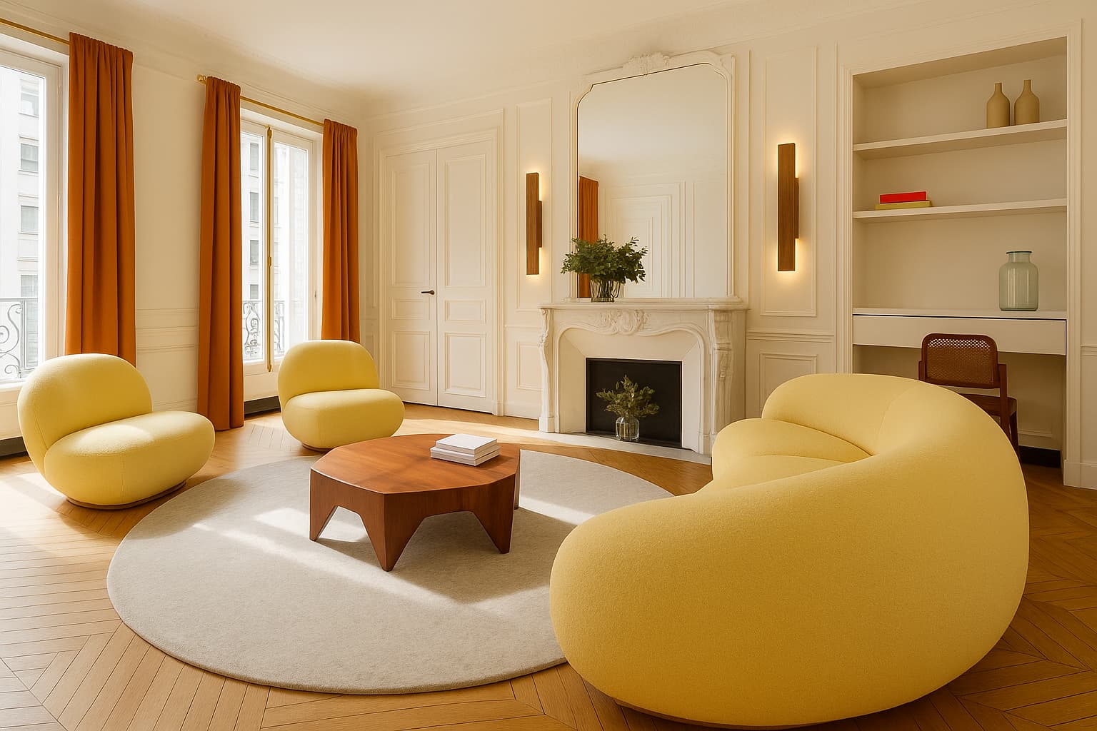 Deux Appliques Flambeau Uphile allumée dans un séjour contemporain jaune