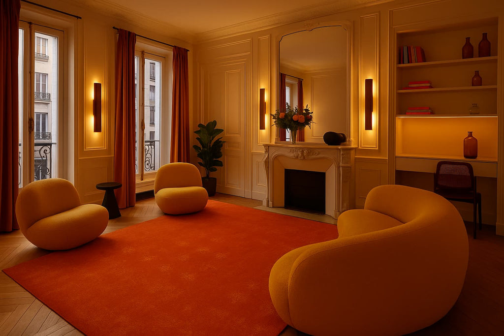 Trois appliques Flambeau de chez Uphile, allumées, dans un séjour contemporain tonalités orange