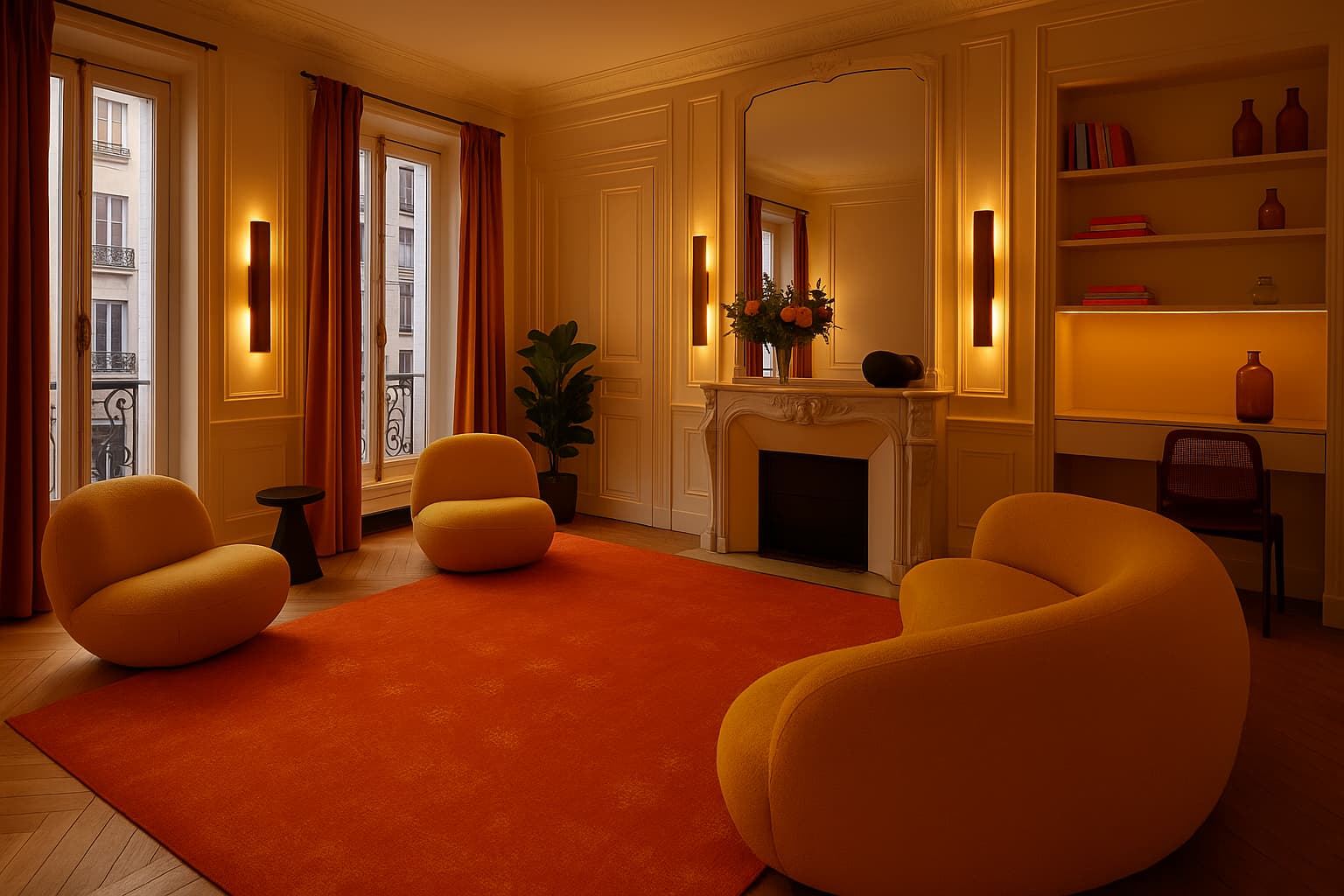 Trois appliques Flambeau de chez Uphile, allumées, dans un séjour contemporain tonalités orange